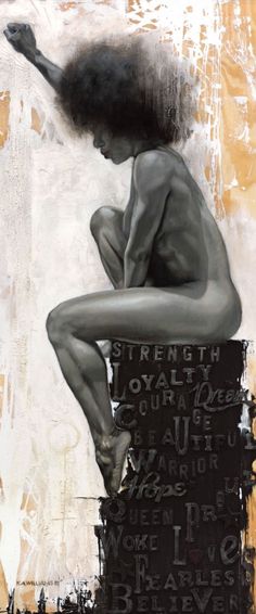 a painting of a naked woman sitting on top of a wooden block with words all over it