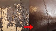 a brown leather couch with black and white spots on it's side, before and after cleaning