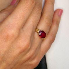 Gold Ruby Ring set with a created Ruby in a perfect diamond cut & flawless clarity & deep red color, at 10x8mm (3 Carats).Red Boho Ring design made of Gold Vermeil ☞ thickest 18k Gold Plating on top of Solid 925 Sterling Silver ☞ made to last.Matching Earrings & Matching Pendant - please ask me☞ Choose your size ☞ I resize (before shipping) for FREE to Any size*⌛Last Ring left ⌛Details : ♥ Each item comes in a cute GIFT BOX ✓♥ GUARANTEE on the materials ✓♥ Created Ruby - flawless cla Ruby Gold Ring, Oval Ruby Ring, Ruby Ring Set, Boho Rings Gold, Green Diamond Rings, Gold Ruby Ring, Earrings Matching, Natural Emerald Rings, Ruby Ring Gold