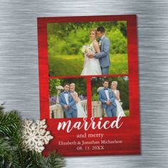 a red christmas card with three photos and the words married on it, surrounded by snowflakes