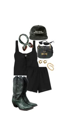 a woman's outfit with cowboy boots and accessories