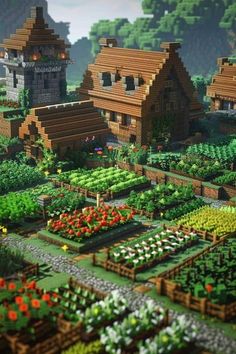 an image of a small village in the middle of some flowers and plants on land