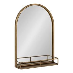 a mirror and shelf with a gold metal frame on the bottom, in front of a white background