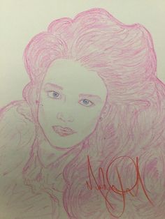 a drawing of a woman with pink hair