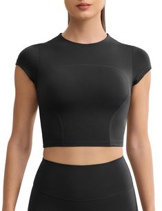 PRICES MAY VARY. Cream Collection Tops: Workout crop tops are made from skin-friendly, 4-way stretchy, moistur-wicking, lightweight, durable and breathable naked feeling fabric. The smooth creamy material can quick-drying and resistant to sweat stains brings you the best sports experience. Mock Neck Top: Athletic mock neck shirts tops are designed to decorate the neck very well and not only adds more coverage but also not too tight around the neck. Patchwork Design: Slim fitted tops for women ta Solid Stretch Crop Top, Solid Color Stretch Crop Top, High Stretch Short Sleeve Tops With Built-in Bra, Yoga Tops With Built-in Bra And Compression, Stretch Short Sleeve Crop Top With Built-in Bra, Versatile Fitted Crop Top Activewear, Moisture-wicking Elastane Workout Tops, Fitted Sports Top With Built-in Bra, Versatile Fitted Yoga Top