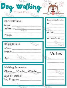 a printable dog walking checklist with the words in blue and green on it