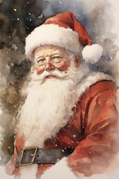 a watercolor painting of santa claus with glasses and beard