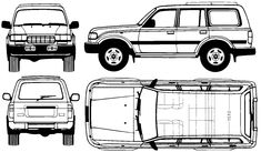 four different types of trucks in black and white