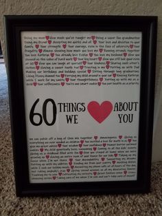 a black frame with red hearts and the words 60 things we love about you on it