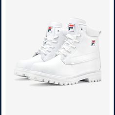 Size Mens 7 , Woman Size 9 These Boots Are Like New Tried Them On And They Were Too Big. White Casual Boots For Streetwear, White Sporty Ankle-high Boots, Classic Low-top Boots For Streetwear, Fila Shoes, High Top, Top Sneakers, High Top Sneakers, Men's Shoes, Shoe Boots