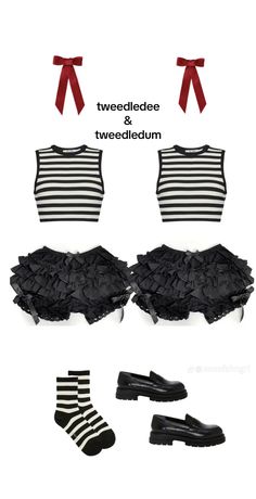 three different types of clothes and shoes with red bows on the top, black and white striped