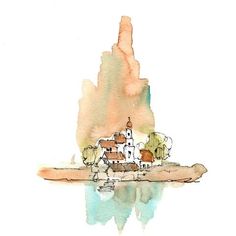 a watercolor painting of a house on an island