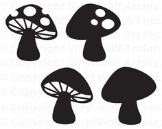 four black and white silhouettes of mushrooms on a white background, each with different shapes