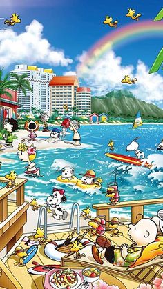 the cartoon characters are enjoying their time at the beach on an overcast day with a rainbow in the sky