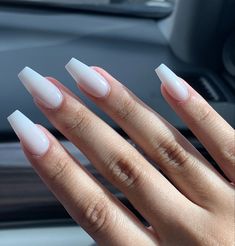 White Milky Nails Coffin, Nail Inspo Acrylic Coffin Long White, Milky White Acrylic Nails Coffin, White Dip Powder Nails Coffin, Coffin Shaped White Nails, Plain Nails Aesthetic, Ballerina Milky White Nails, White Gel Nails Coffin, Foggy White Acrylic Nails