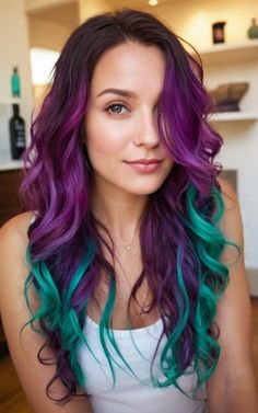 Discover your dream hair with these 15 stunning mermaid styles. From subtle pastel highlights to bold ocean-inspired hues, these looks offer something for everyone who wants to add a touch of the sea to their style. Purple And Teal Peekaboo Highlights, Shoulder Length Colorful Hair, Mermaid Hair Highlights, Hot Pink Halo Hair, Mermaid Hair Ideas, Mermaid Hair Color Ideas, Dark Cherry Hair Color, Peacock Hair Color, Turquoise Hair Ombre