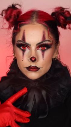 by sophiehannah Easy Diy Clown Makeup, Circus Misfit Makeup, Jester Makeup Ideas, Clown Makeup Pretty Easy, Red And Black Clown Makeup Halloween, Diy Clown Makeup Women, Ringmaster Halloween Makeup, Halloween Clown Makeup Tutorial, Halloween Costume Ideas Clown