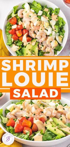 shrimp and avocado salad in white bowls with orange text overlay that reads shrimp loue salad