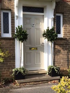 a white front door with two potted plants