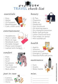 the travel checklist is filled with items