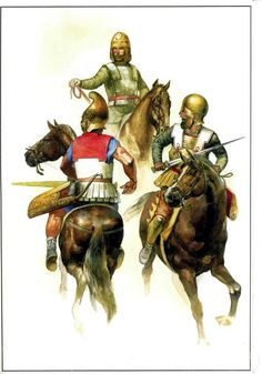 three men riding on the backs of horses with helmets and swords in their hands, all facing opposite directions