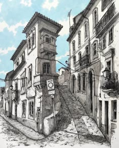 an ink drawing of a street with buildings on the side and stairs leading up to it