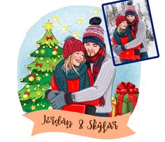 a couple hugging each other in front of a christmas tree