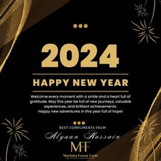 a black and gold new year card with fireworks