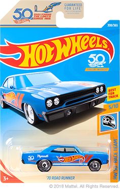 a blue hot wheels car with flames on the front and back sides, in a package