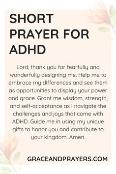 a prayer card with the words, short prayer for adhdd and flowers on it