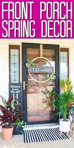 front porch spring decor with plants and potted plants