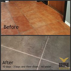 before and after photos of a tile floor cleaning job in the process of being cleaned