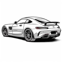 a drawing of a sports car in black and white