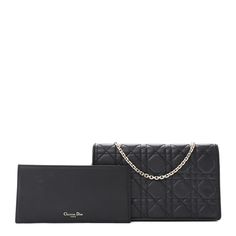 This is an authentic CHRISTIAN DIOR Lambskin Cannage Lady Dior Clutch in Black. This stunning wallet on a chain is crafted of geometric quilted lambskin leather in black. The wallet on a chain features a removable gold chain strap, and a front flap that opens to a leather interior with a patch pocke and a zip pouch insert. Lady Dior Pouch, Dior Pouch, Dior Clutch, Dior Wallet, Wallet Fashion, Wallet Chain, Zip Pouch, Lady Dior Bag, Lady Dior