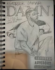 a drawing of a man sitting in front of a car with the words dan written on it