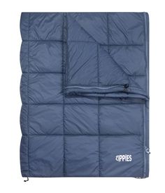 an open sleeping bag with zippers on the bottom and side, in dark blue