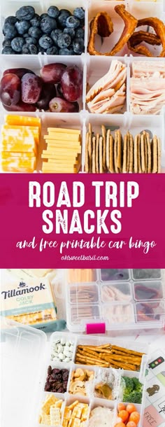 the road trip snacks and free printable can be found in this travel snack box