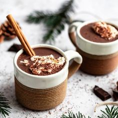 two mugs filled with hot chocolate and topped with cinnamon