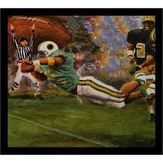 a painting of a football player diving for the ball