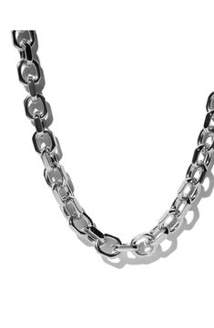 This polished chain necklace is inspired by the vibrant energy of New York and brings chic, architectural allure to your neckline. Two branded links have hidden hinges so this necklace can be lengthened or shortened by removing the hinged links. 18" length Hinge with snap-post closure Silvertone plate or goldtone plate Imported Modern White Gold Chunky Chain Jewelry, Modern Link Chain Necklace For Formal Occasions, Modern Polished Chain Link Necklace, Modern Chain Link Necklace For Formal Occasions, Modern Link Necklace With Polished Finish, Modern Linked Necklace With Polished Finish, Modern Necklace With Rectangular Polished Links, Modern Necklace With Rectangular Links And Polished Finish, Modern Chain Necklace With Rectangular Links And Polished Finish