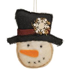 a snowman ornament with a top hat and orange nose is hanging on a white wall