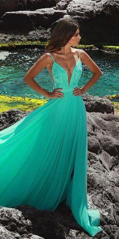 Green Wedding Dresses For Non-Traditional Bride ★ #bridalgown #weddingdress Green Wedding Dresses, A Line Evening Dress, Stunning Prom Dresses, Green Dresses, Cute Prom Dresses, Evening Party Dress