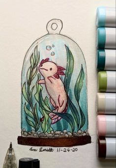 a drawing of a fish under a glass dome