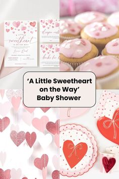 a baby shower with hearts and cupcakes