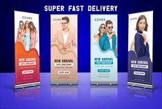 three roll up banners with the words super fast delivery on them in front of a blue background