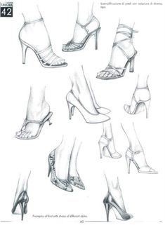 various types of women's high heeled shoes and footwear, all drawn in pencil