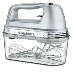 a silver electric hand mixer on a white background