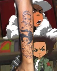 a person with a tattoo on their arm next to an anime character in the background