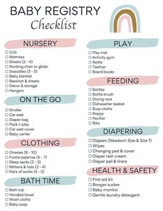 the baby registry checklist is shown in pink and green