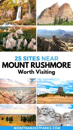 the mountains, rocks and trees are featured in this mountain rushmore worth visiting poster